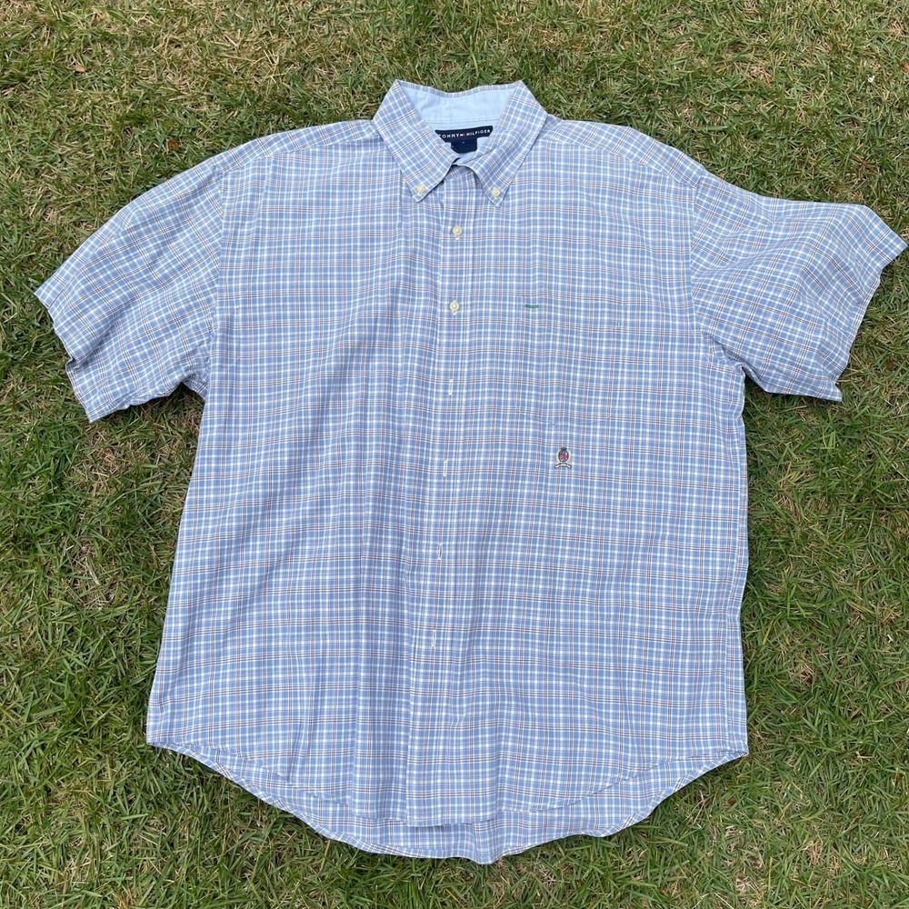 Tommy Hilfiger Shirt Button Down Mens XL Blue/Brown/White Cotton Short Sleeve‎